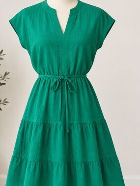 Calvin Klein Emerald Green Tiered Waist-Tie Dress
